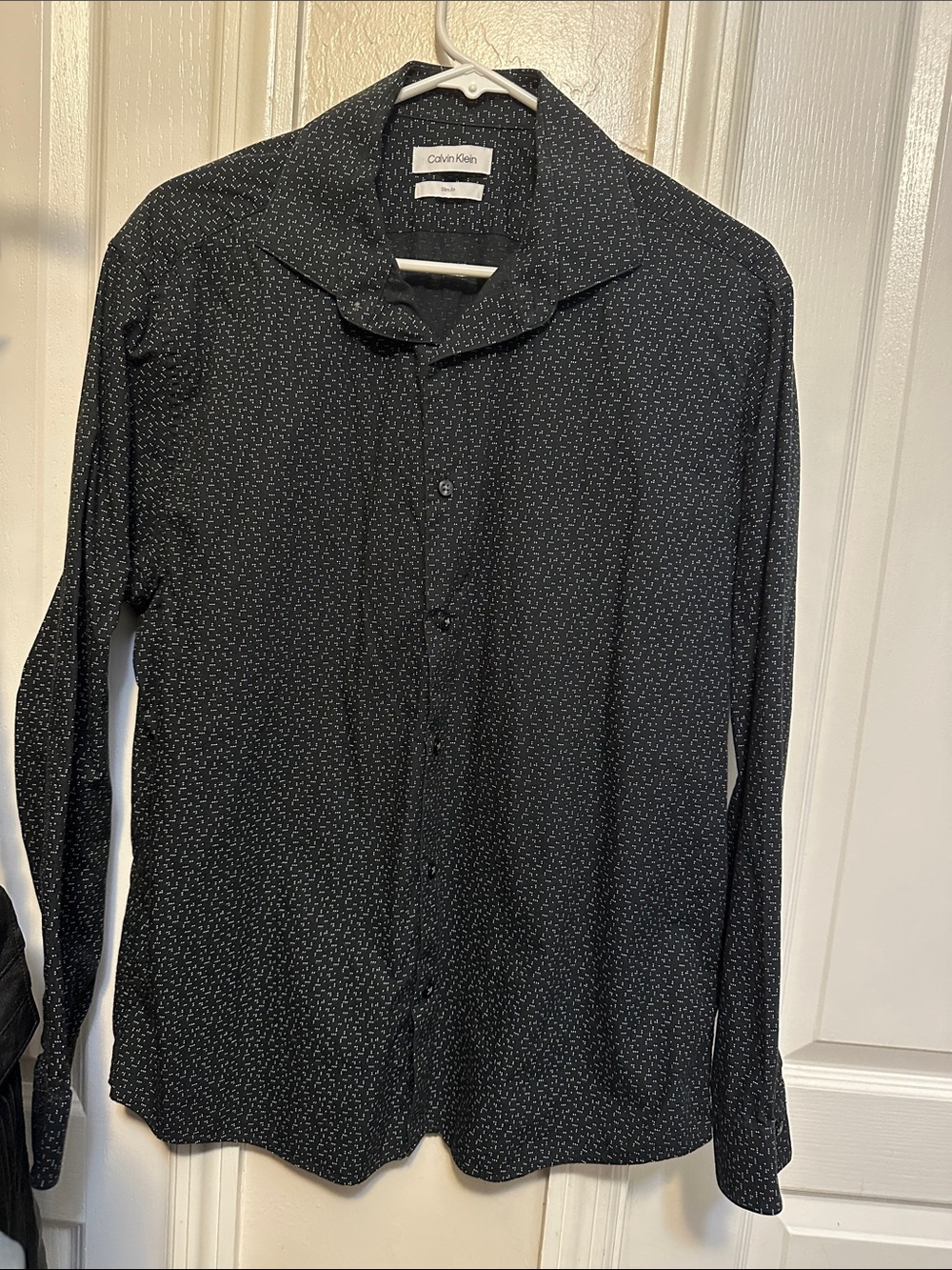 Calvin Klein Men's Black Button-Down Shirt with Tiny White Microdot Pattern